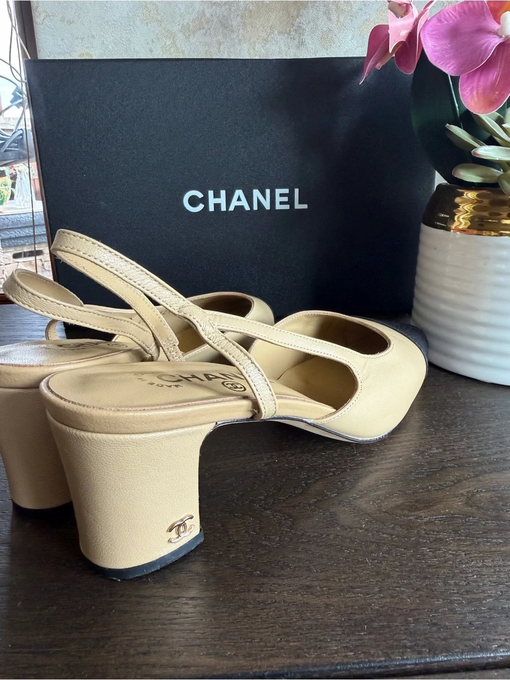 CHANEL Beige Leather Slingback Pumps with Black Cap Toe